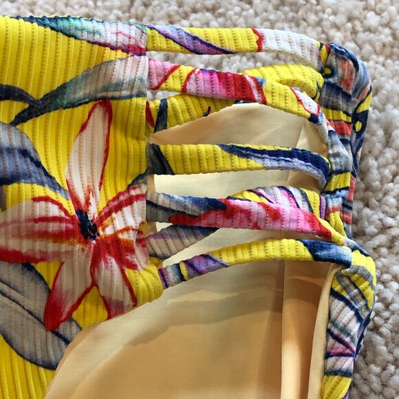 Women's Yellow Blue Floral Adjustabel Padded Top High Waisted Cheeky Bikini - Picture 8 of 14